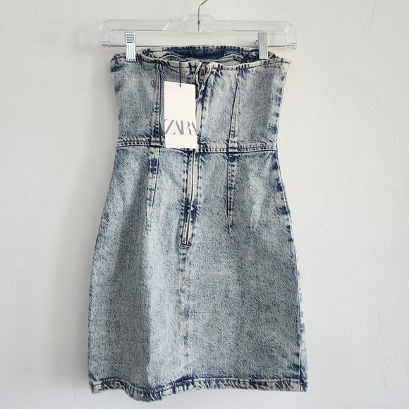 Zara Light Wash Strapless Denim Mini Dress Stretch Fit Size XS - Picture 4 of 8